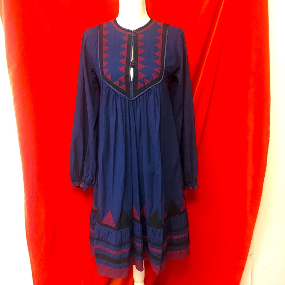 Phool vtg 70s appliqué peasant dress blue cotton small